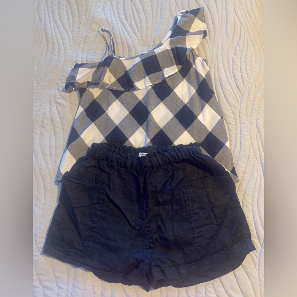 Linen navy shorts with side pockets and one shoulder plaid top - worn once